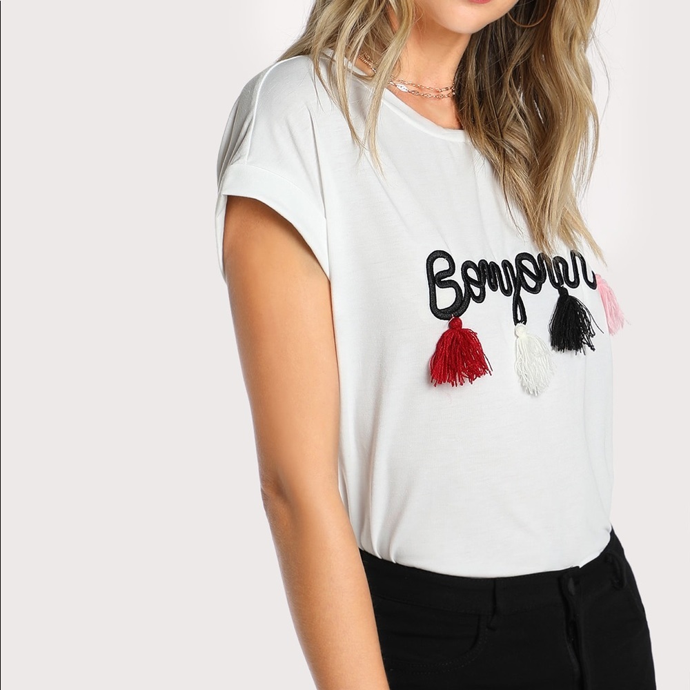 Bonjour Tassel Detail Graphic Tee | Soft Short Sleeve Top - Picture 5 of 7